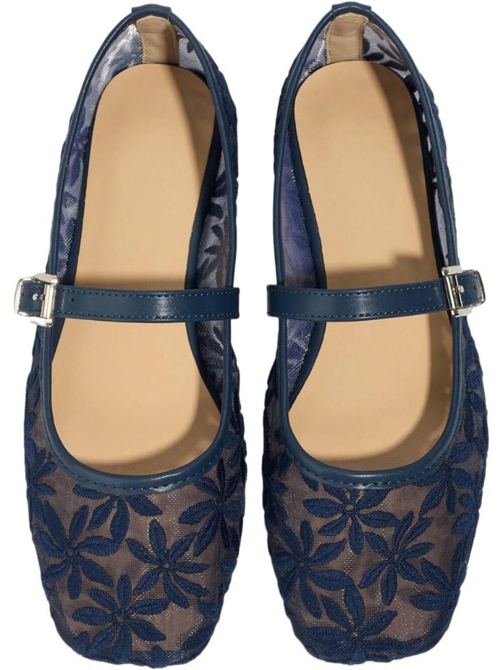 Women's Floral Blue Mesh Comfortable Square Closed Toe Mary Jane Ballet Flats - Picture 1 of 5